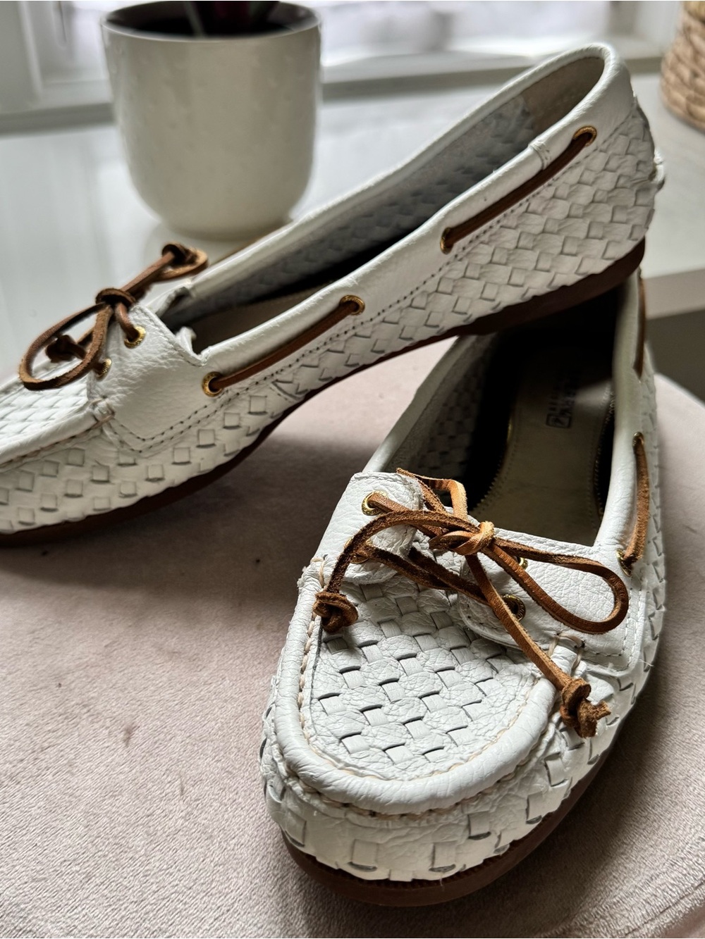 Sperry Top-Sider Women’s Audrey / Aubrey Woven Leather Boat Shoes - White/Tan
